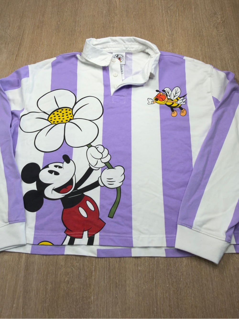 Disney Mickey Mouse Rugby Shirt Large Purple White Striped Garden Polo Top EUC